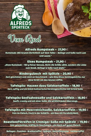 Speisekarte Gerichte vom Rind
